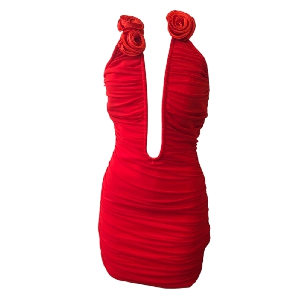 Mew Mews Ahinoam Strapless Ruched Flower Bandage Mini Dress - Picture 2 of 16